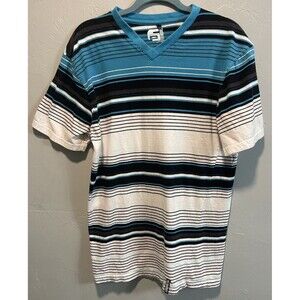 Southpole Mens XXL Y2K Striped V Neck T Shirt Blue Black White Skater Streetwear